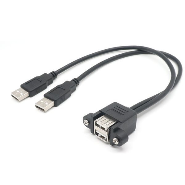 Cabo de extensão duplo USB 2.0 A para montagem em painel, macho para fêmea