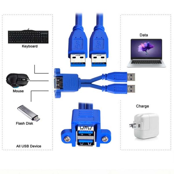 Dual USB 3.0 A Male to Dual Vertical USB 3.0 A Female Panel Mount Cable - Image 4