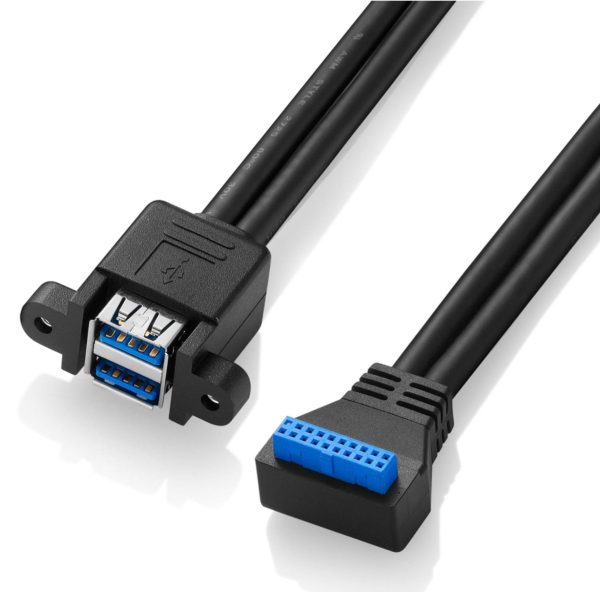 Cabo de montagem em painel vertical duplo USB 3.0 A fêmea para placa-mãe 20PIN com ângulo de 90°