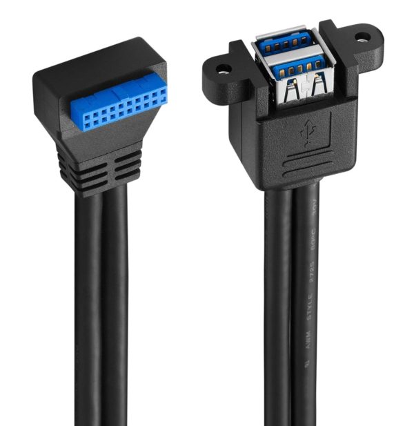 90° Angle 20PIN MotherBoard Female to Dual Vertical USB 3.0 A Female Panel Mount Cable - Image 2
