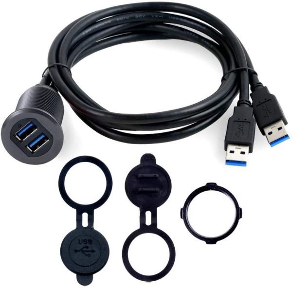 Aluminium Alloy Dual Ports USB 3.0 A Car Waterproof Cable Male to Female Flush Panel Mount Cable with LED Indicator – Image 2