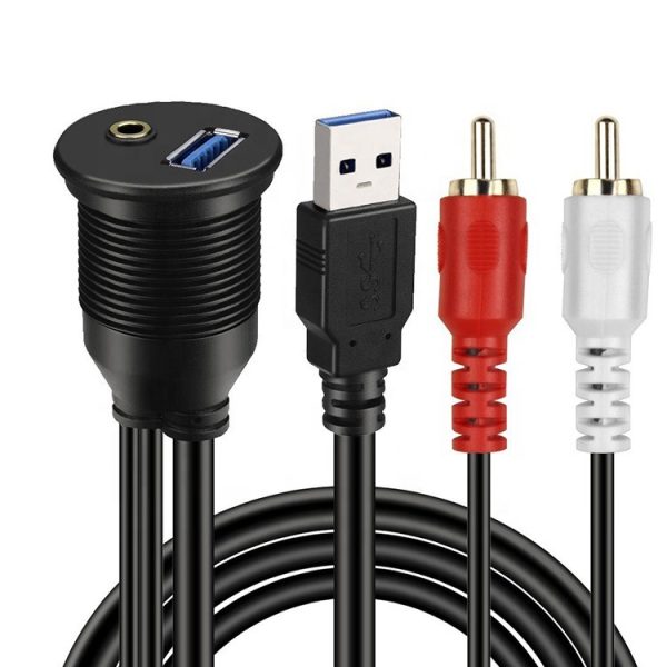 Panel Mount USB Port USB 3.0 A and 2RCA to 3.5mm Male to Female flush Car Waterproof Cable – Image 2