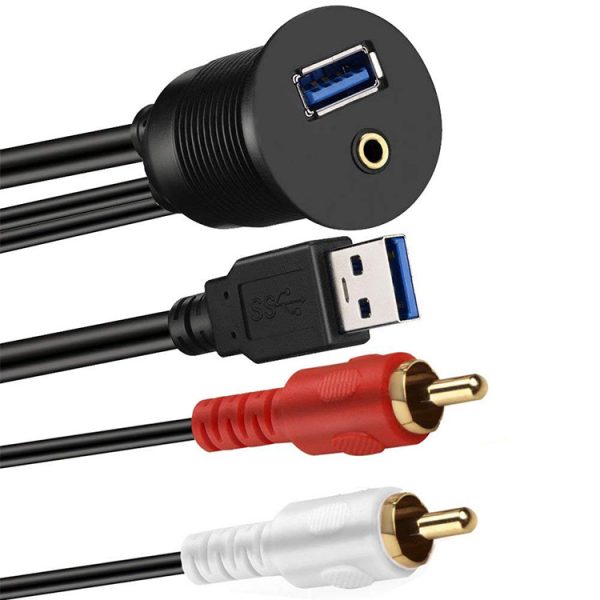 Panel Mount USB Port USB 3.0 A and 2RCA to 3.5mm Male to Female flush Car Waterproof Cable – Image 3
