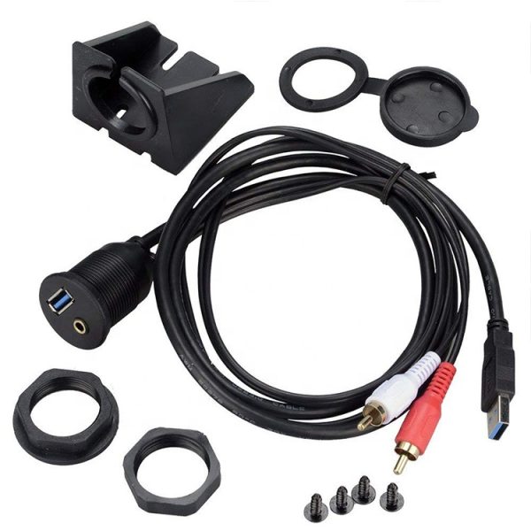 Panel Mount USB Port USB 3.0 A and 2RCA to 3.5mm Male to Female flush Car Waterproof Cable – Image 5