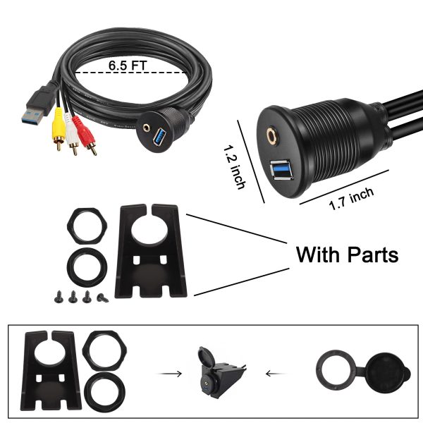 Flush USB A Panel Mount USB 3.0 A and 3RCA to 3.5mm Male to Female Car Waterproof Cable – Image 3