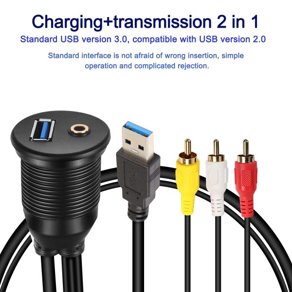 Flush USB A Panel Mount USB 3.0 A and 3RCA to 3.5mm Male to Female Car Waterproof Cable – Image 2