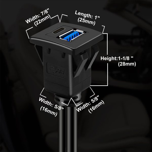 Square USB 3.0 A and USB C Car Flush Mount Male to Female Cable – Image 2
