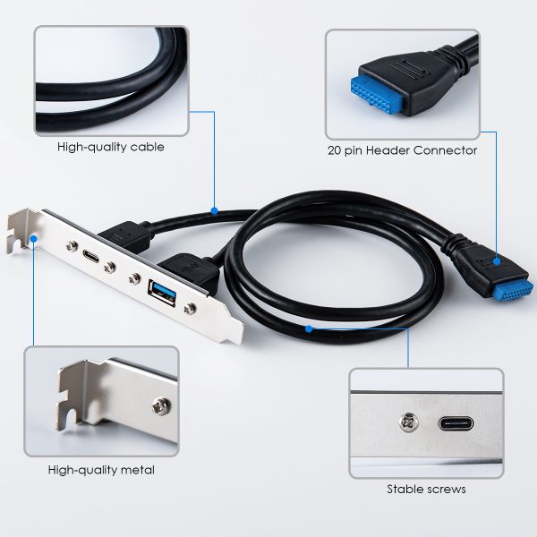 USB 3.0 20PIN Female to USB 3.0 A and USB 3.1 C Female USB Slot Plate Adapter Cable - Imagen 3